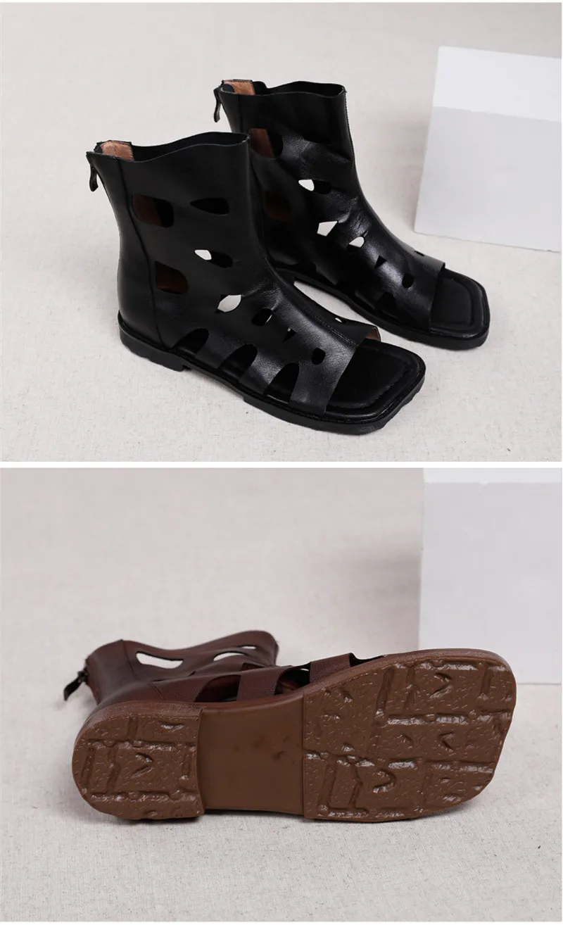 Original 2020 Summer New Women's Sandals Genuine Leather Fashion Retro Flats Bottom Hollow Hole Ladies Gladiator Sandals Shoes (8)