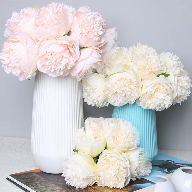 5 Heads Bouquet Artificial Fake Peony Springs Flowers Silk Flower Leaf Home Office Wedding Houes Party Festival Bar Decoration 1