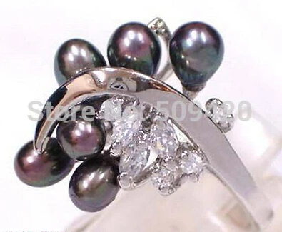 free shipping Real Black Pearl 6 Beads 18KWGP Crystal Ring Size: 7.8.9 | Украшения и аксессуары