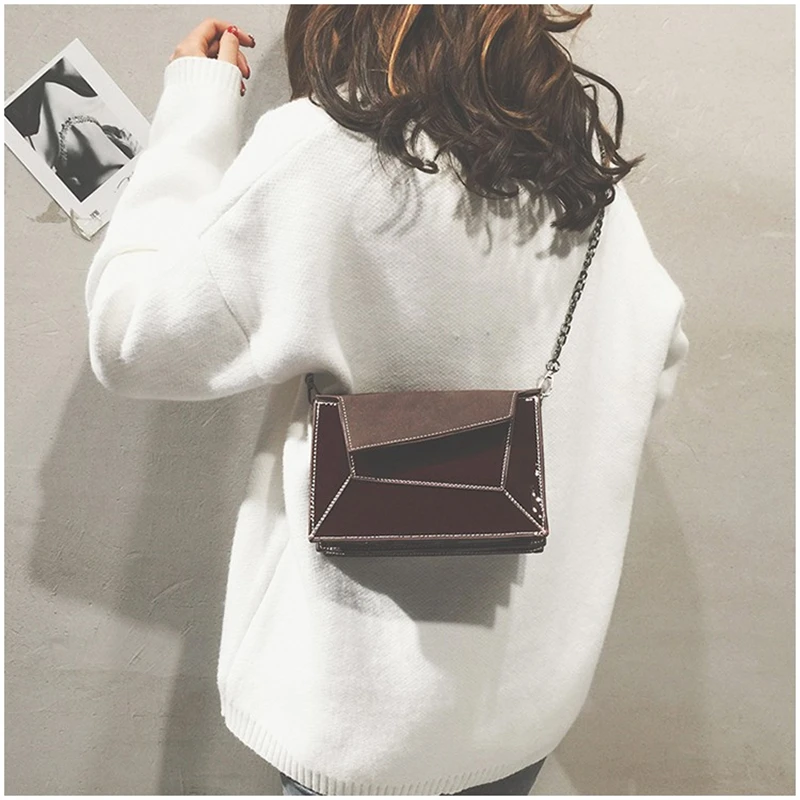 MOFFT Luxury Solid Color Women Patent Leather Messenger Bags Flap Crossbody Bags Geometric Pattern Long Metal Chain Fresh - Цвет: Коричневый