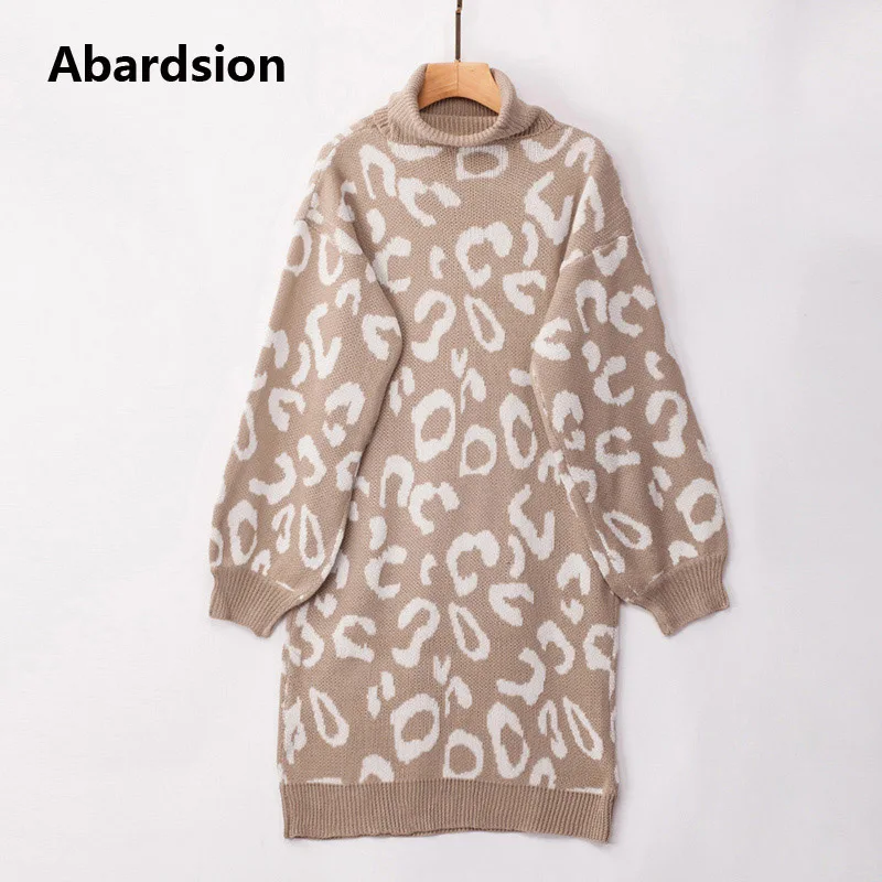 Abardsion, Женский вязаный свитер, платье, повседневное, базовый, длинный рукав, водолазка, Леопардовый принт, негабаритные, Осень-зима, платья - Цвет: Хаки