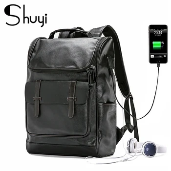 

Trendy Men's Backpack High Quality PU Leather Multifunctional Men's Bag USB Interface Outdoor Travel Bag Student School Bag 2020