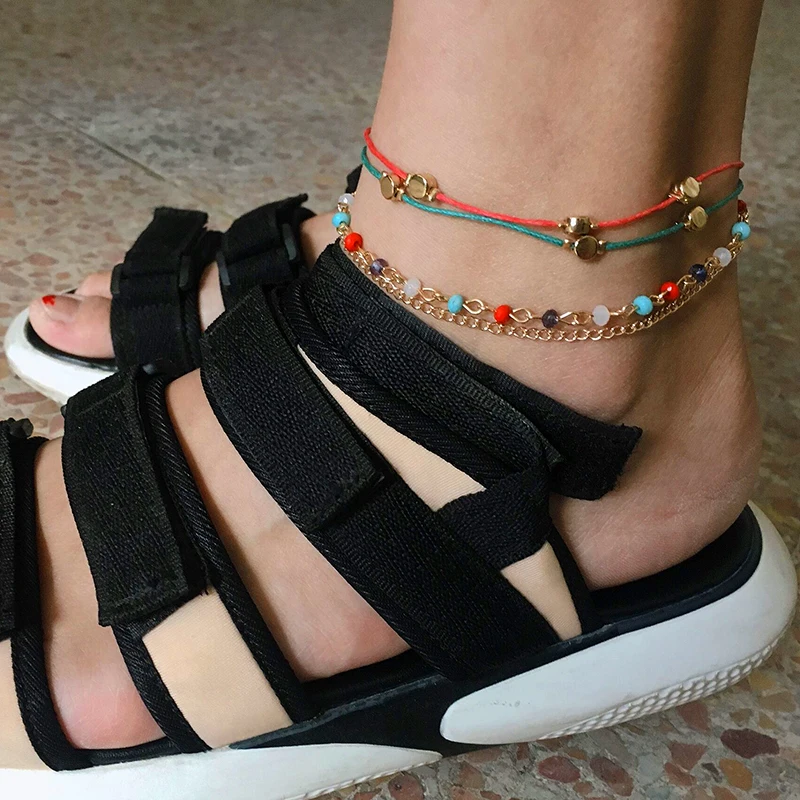 

Tocona Fashion Colorful Beaded Anklets for Women Gold Color Geometry Charming Multilayer Chain Foot Jewelry Wholesale 8177