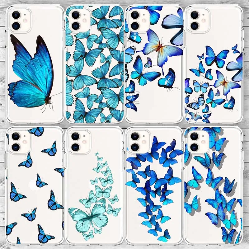 Чехол с голубой бабочкой для iPhone X XS Max Xr 11 12 Mini Pro SE 8 7 6 s Plus INS мультяшный прозрачный