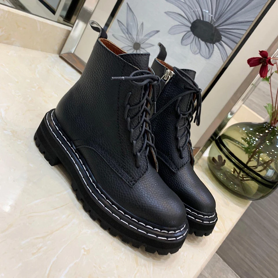 

SONFRNCH Fall 2019 New Women's Leather British Wind Army Boots with Martin Boots