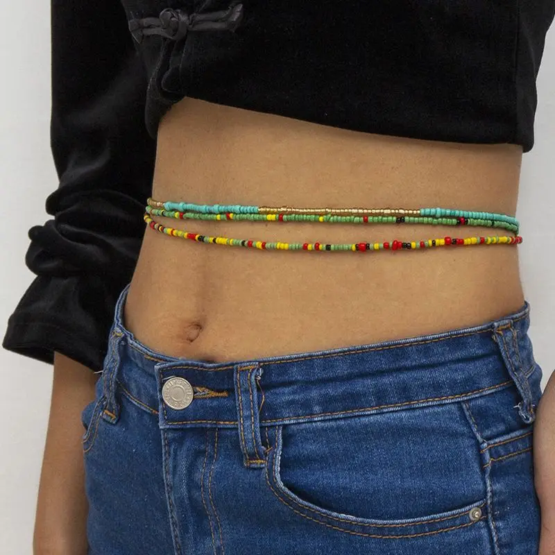 7Pcs Summer Bikini Stretchy Multi-Colors Beaded Belly Waist Chain Body Jewelry F3MD