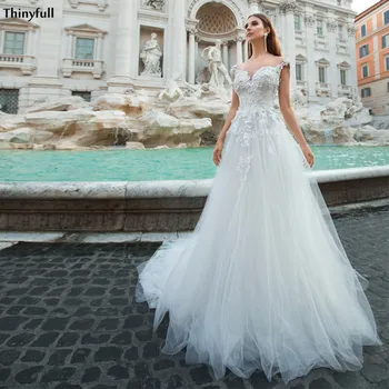 

Thinyfull Elegant White Wedding Dresses Sheer Scoop 3D Florla Applique Princess Bohemian Mariage Gowns With Train Abiti Da Sposa