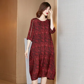 

Woman Dress Summer 2020 New Fashion Printed Patchwork Round Neck Three Quarter Sleeves Loose Casual Plus Size Dress Female L-XL