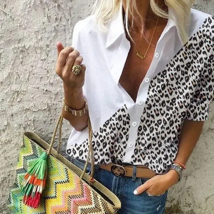 

New Women Leopard Spliced Shirts Elegant Fashion Ladies Turn down Collar Buttons Blouse Autumn Spring Female 3 Styles Tops