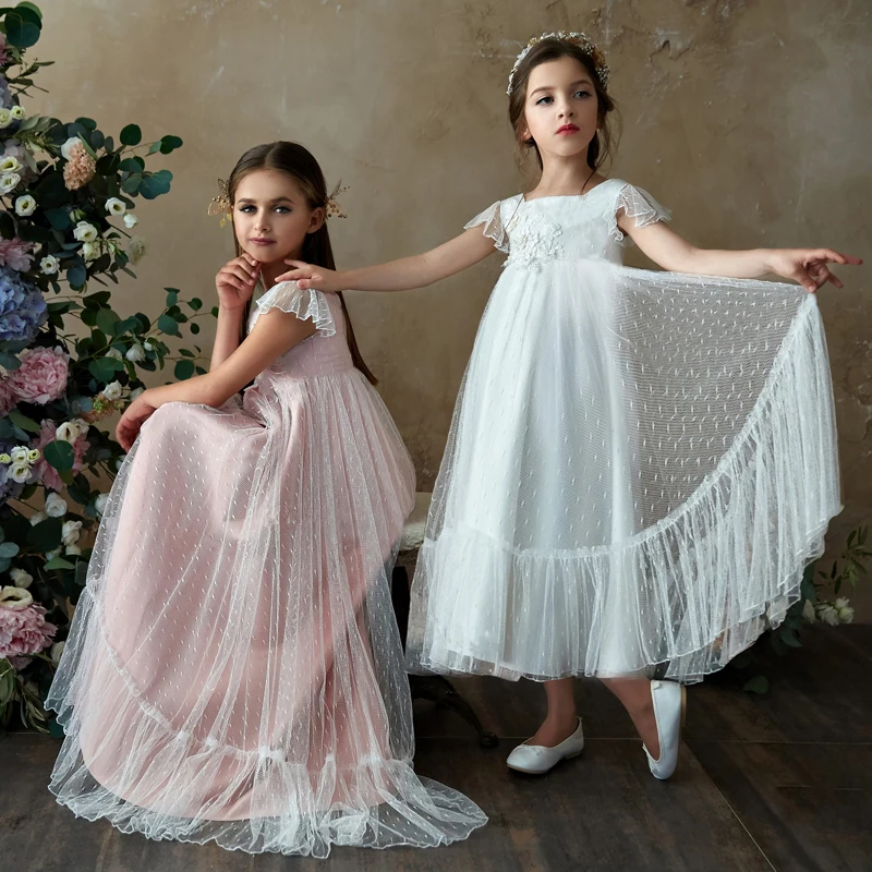 

New Kid Flower Girl Dresses Appliques Cap Sleeves Girls A-line Gowns Birthday Party Wedding Party Ball Gown Children Clothing