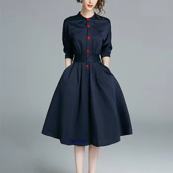 

2020 New Slim Fashion Casual Long Blue Button women elegant Dress vintage ladies dresses