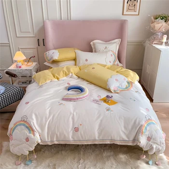 

Cute Rainbow Cloud Embroidery Egyptian Cotton Princess Bedding Set Queen King Duvet Cover Bed Sheet Pillowcases Home textiles
