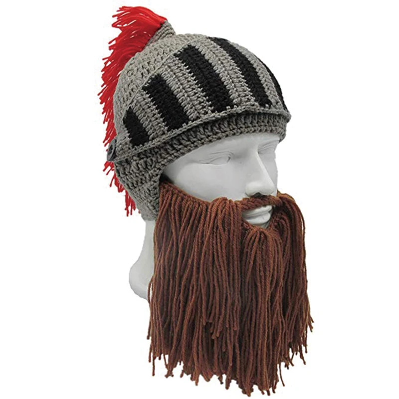

hand-hooked men Wig Beard winter Hats Creative Original Funny knight Halloween Knit Hat Handmade Beard Red crown roman cap