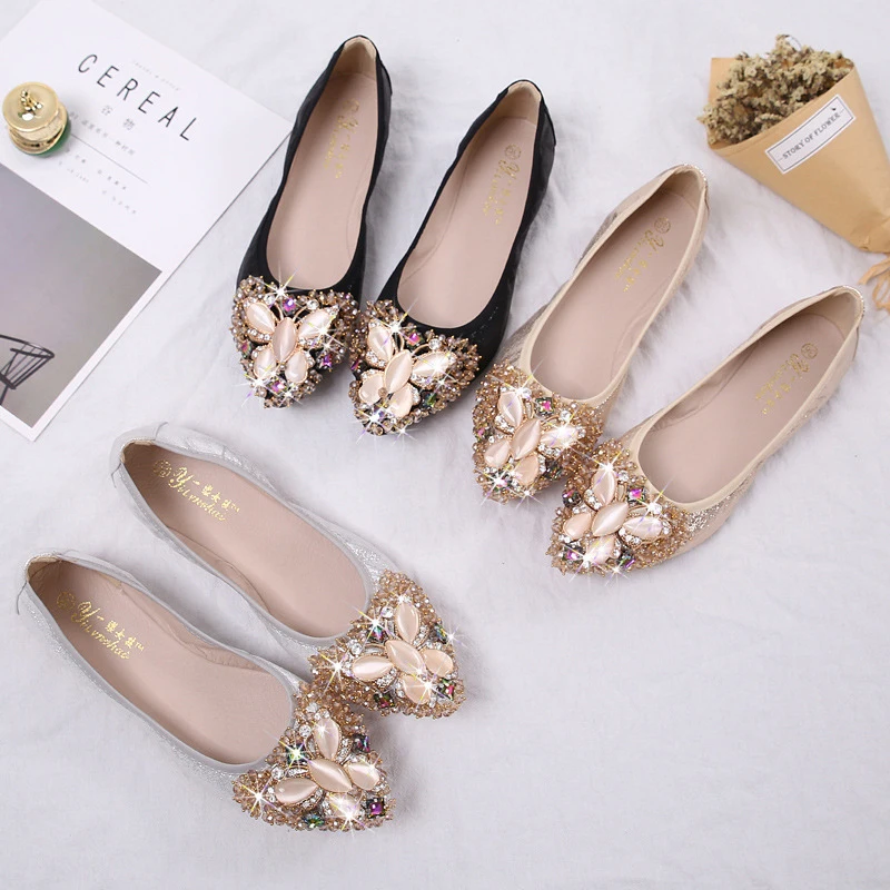 Zapatos dorados y plateados con diamantes brillantes para mujer, mocasines  con lazo en 3D, planos, fondo suave, zapatillas de ballet plegables, talla  grande 43|Zapatos planos de mujer| - AliExpress