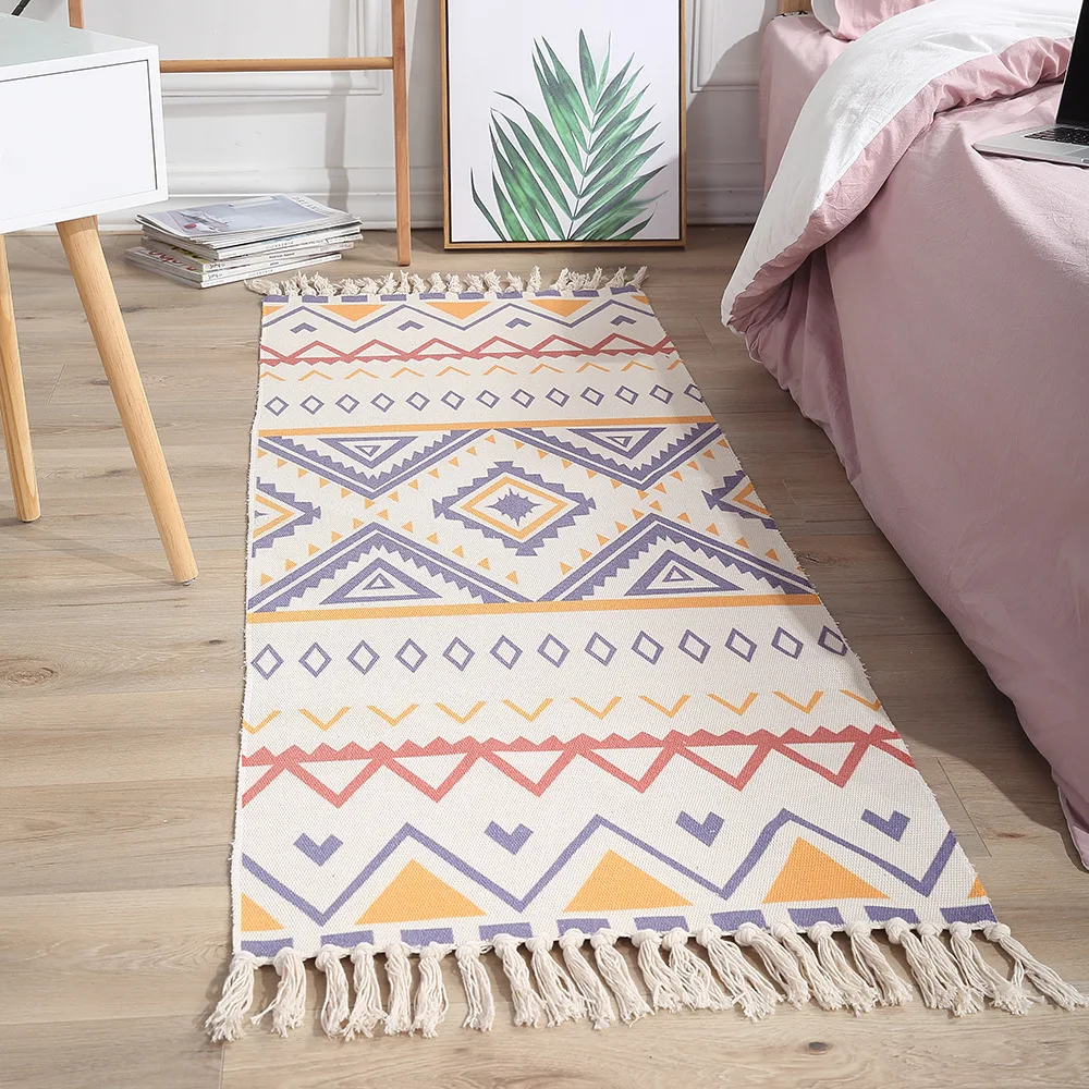 

60x90cm National Wind Cotton Linen Mat Retro Plain Color Tapestry Handmade Carpet Library Bedroom Sofa Mat