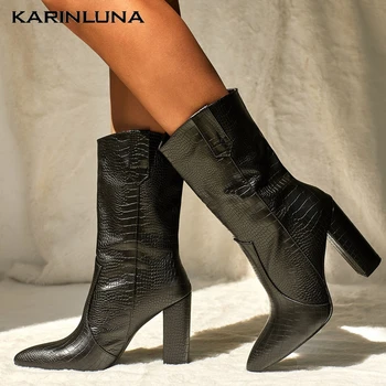 

Karinluna New High Heels Wholesale Plus Size 42 Top Quality Shoes Slip On Western mid-calf Boots Women
