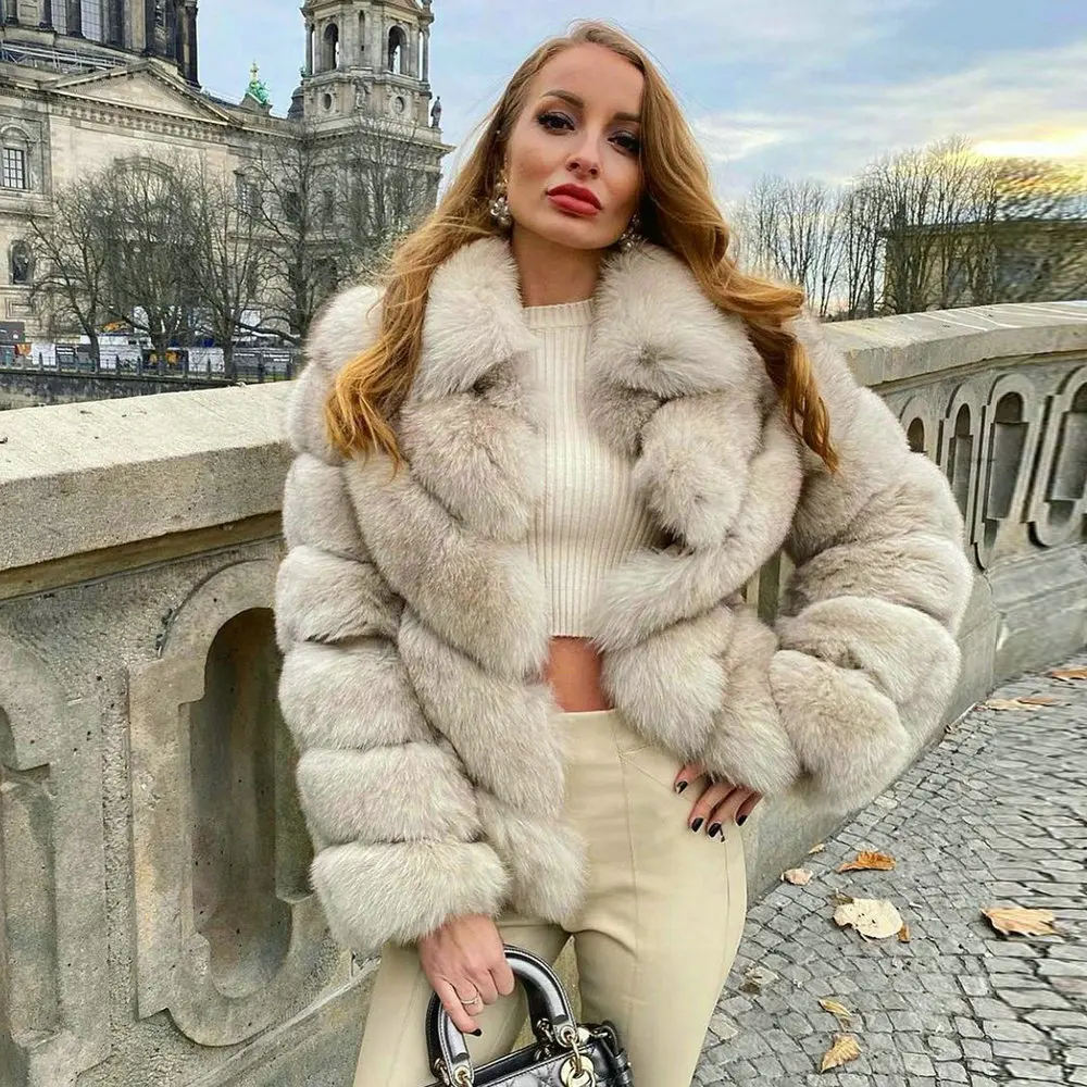 High Quality Women Real Fox Fur Jacket with Lapel Collar 2022 Winter New Trendy Genuine Fox Fur Coats Female Thick Fur Overcoats