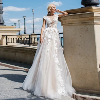 

Robe De Mariee Princesse 3D Flowers Applique Lace Nude Champagne Wedding Dress Illusion Sheer Back Bridal Dresses