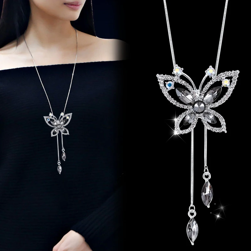 Длинные ожерелья для женщин, модное Кристальное колье с бабочками, ожерелья и подвески, ювелирное изделие, новинка, серебряная, в стиле бохо, цепочка для свитера, бижутерия