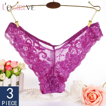 

Logirlve 3-Pack Sexy Transparent Lace Large Size Low Waist Triangle Ladies Panties Triangle T-Pants Thong 8 Color Underpany