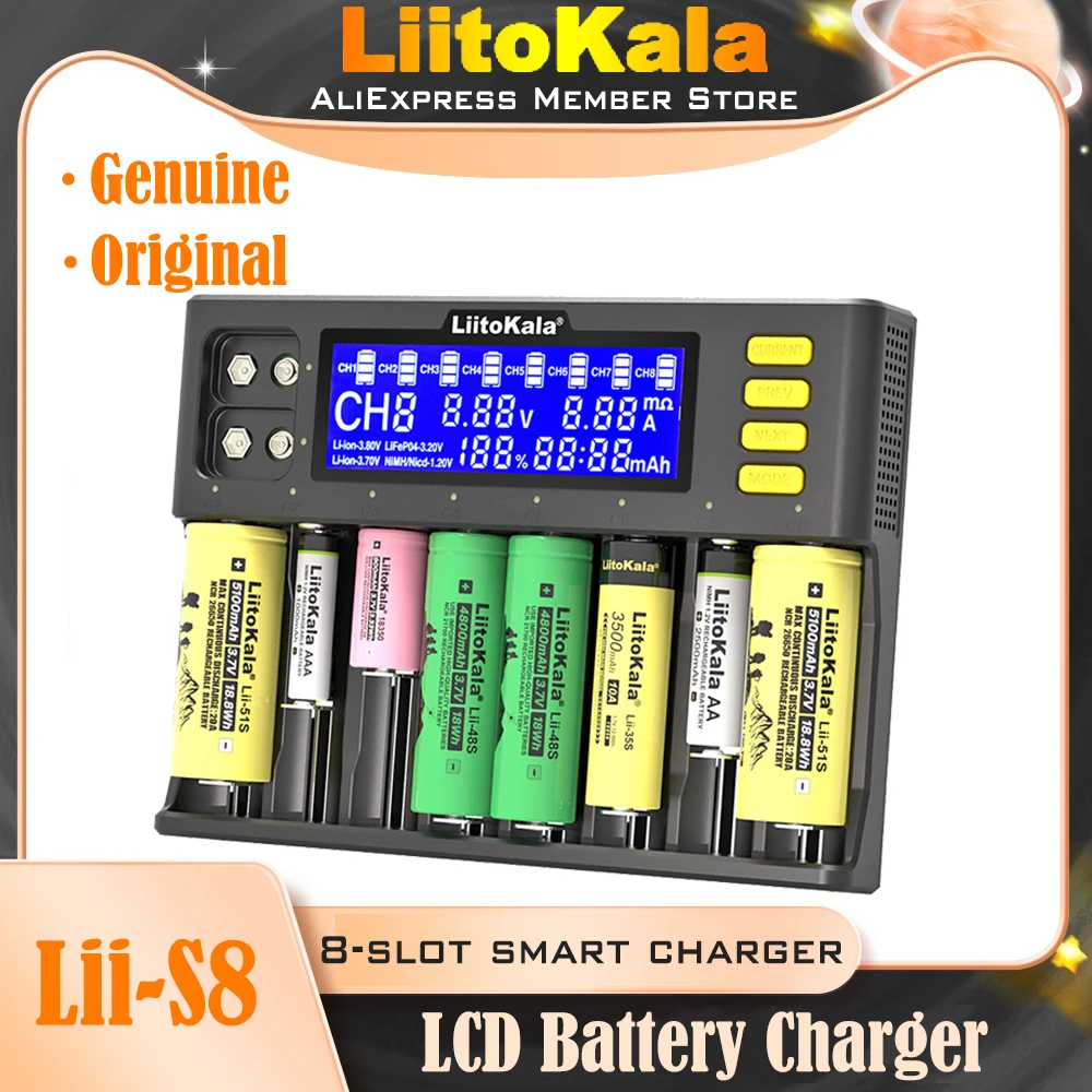 Genuine/Original LiitoKala Lii-S8 LCD 8 slots Battery Charger Li-ion 3.7V NiMH 1.2V 9V Li-FePO4 18650 26650 21700 26700 AA AAA |