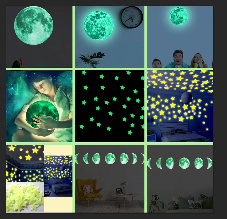 50/70/100 PCS Luminous stars fluorescent kids bedroom glow in the dark stars shine wall stickers moon luminous shine colors