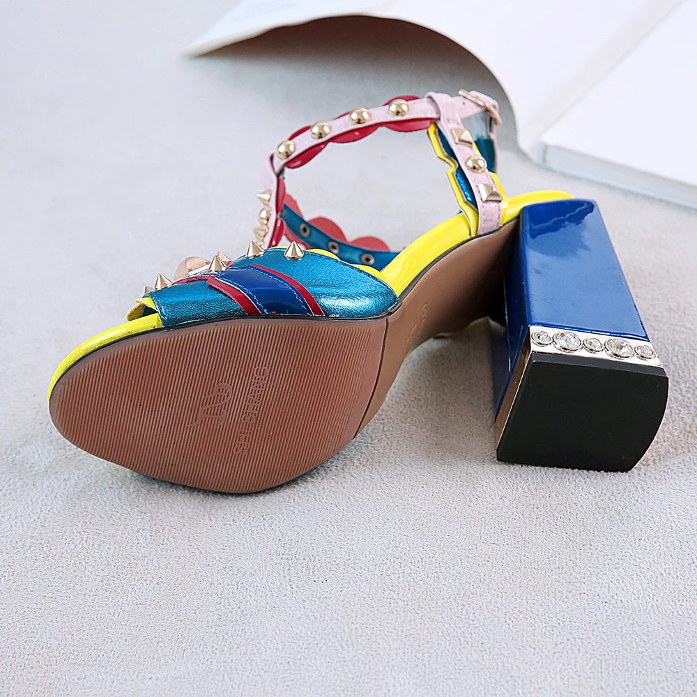 Brand high quality Sheepskin leather women's sandals Summer punk studded gothic sweet girl super high heels shoes Purple 33 38