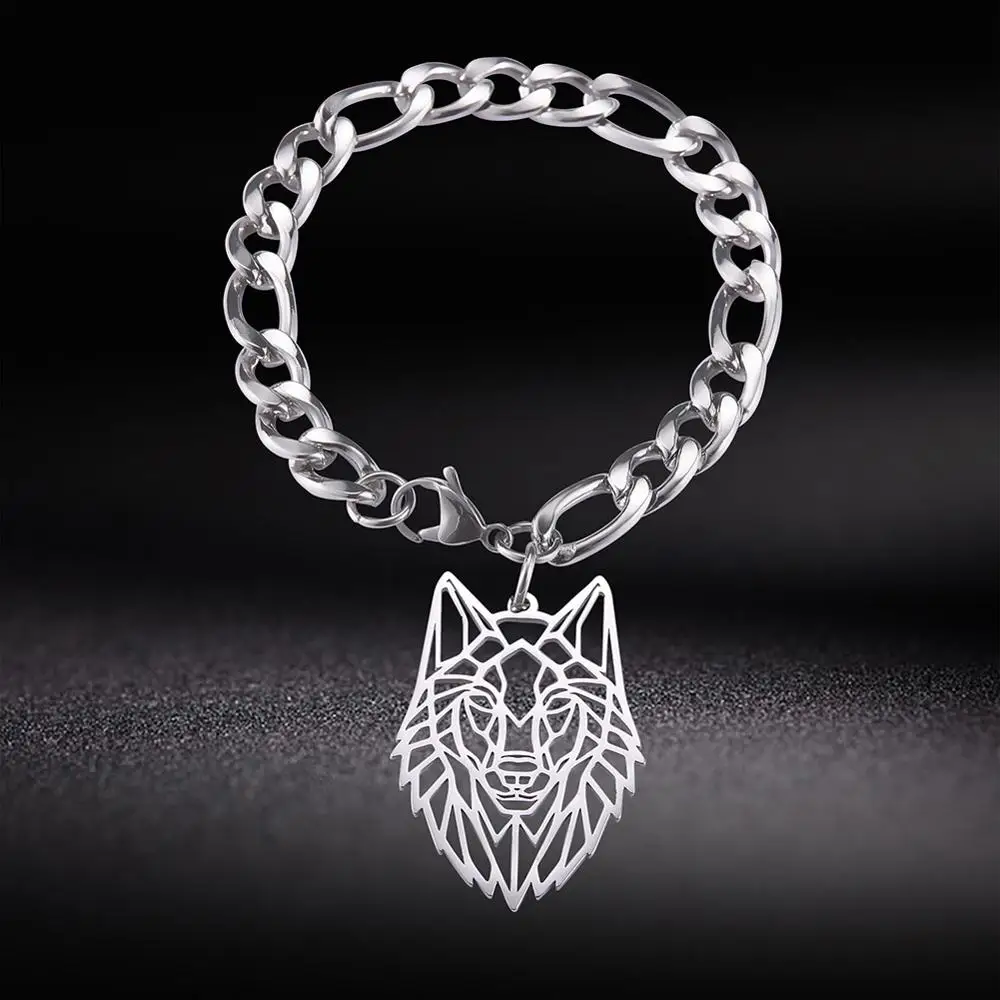 

My Shape Wolf Man Bracelet Figaro Chain Stainless Steel Silver Color Pendant Hollow Cut Out Forest Animals Jewelry Gift 2020 New