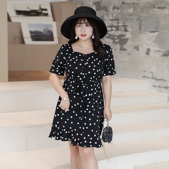 

Women's summer chiffon polka dot ruffled lace dress plus size knee length casual dress 100 kg can be worn