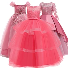 Платье принцессы с цветочным узором для девочек на свадьбу, платье для причастия, платье для дня рождения, вечерние платья для девочек с кружевными лепестками, длинное платье для банкета, вечеринки