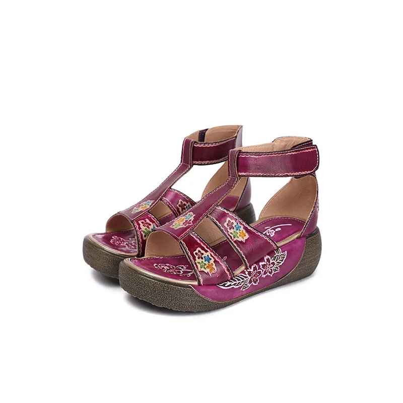 

2020 Spring and Summer Vintage Flower Women's Sandals Laser Carving Genuine Leather Wedding and Party Gift Sandals