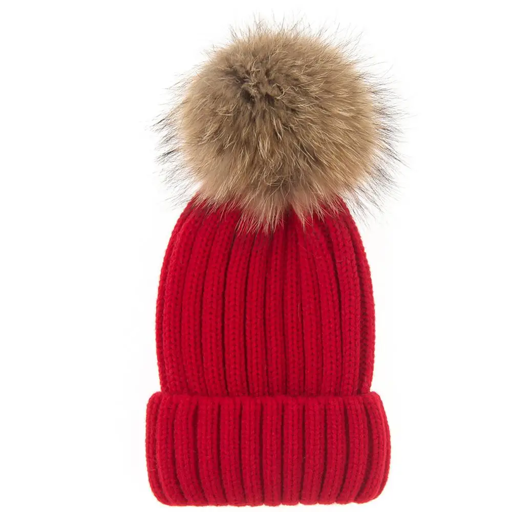 Вязанный Натуральная шерсть, шапка из натурального меха енота, шапка с помпоном, зимняя женская шапка, шапка бини для женщин, мягкая теплая женская меховая шапка - Цвет: Красный