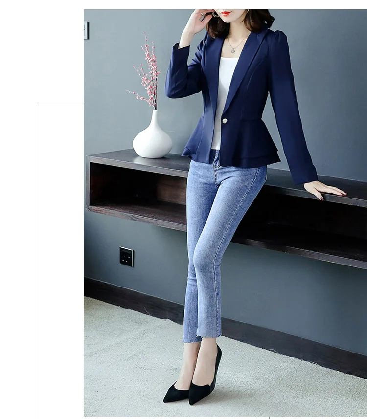 dark blue Осень с длинными рукавами маленький костюм корейской версии самосовершенствование куртка мода Раффлед маленький костюм короткий параграф - Цвет: dark blue