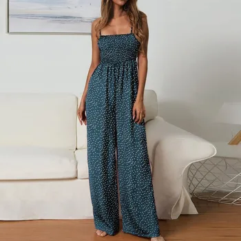 

Fashion Beach Polka Dot Jumpsuits Women Sleeveless Spaghetti Straps Sleeveless Long Wide Leg Pants Sexy Backless Rompers Lace up