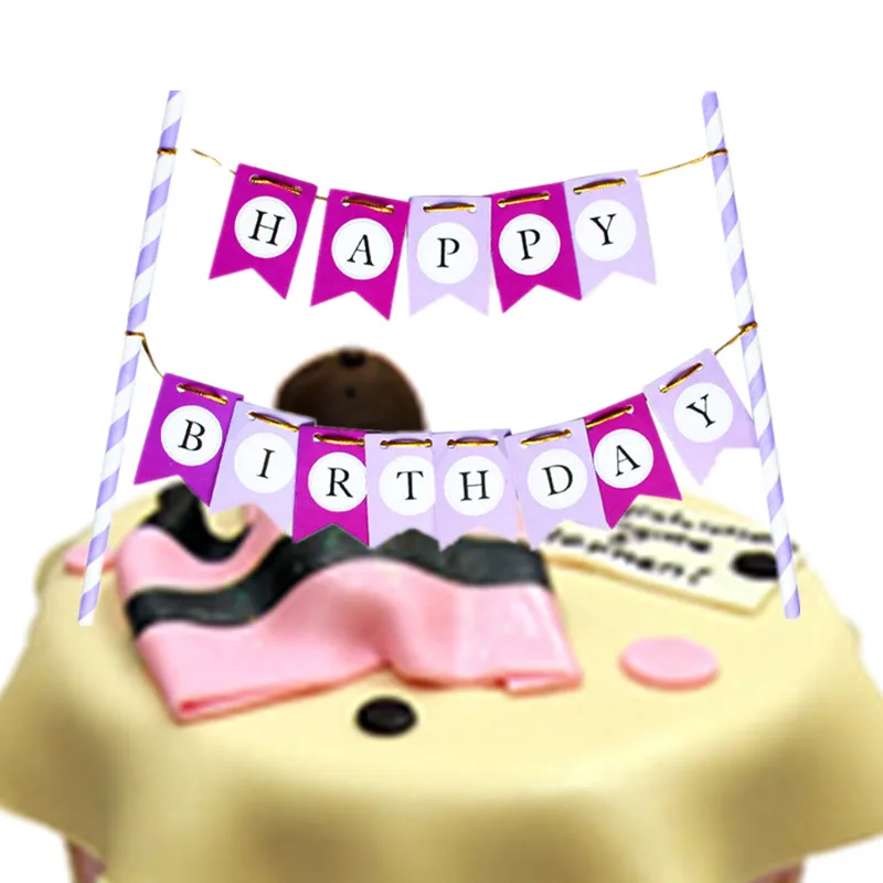 DIY Mini Banners Happy Birthday Cake Flag Purple Colors Cake Topper For Birthday Wedding Party Cake Baking Decor