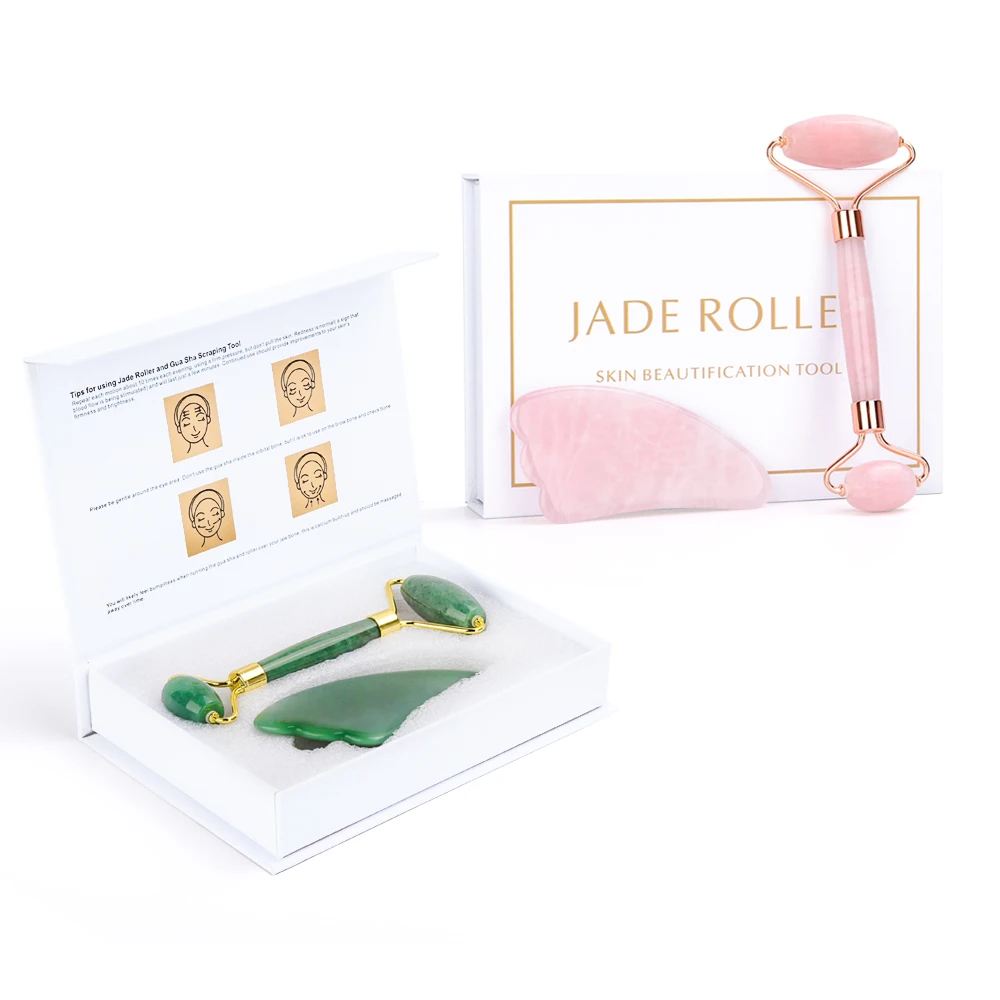 

Crystal Roller Set Facial Massage Natural Jade Roller Gua Sha Set Jade Scraper Rose Quartz Stone Face Lift Massager Beauty Tool
