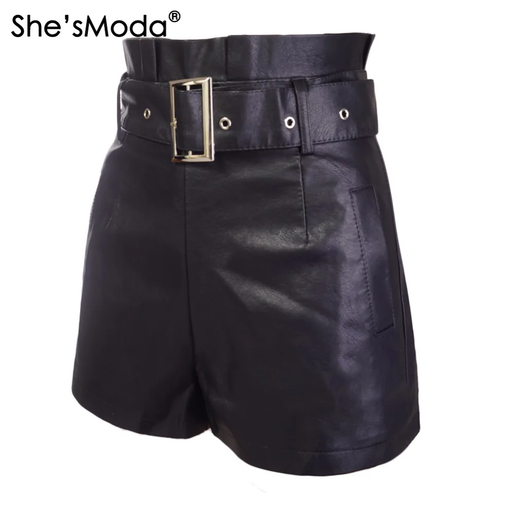 She'sModa из искусственной кожи ремень новые женские с высокой талией Прямые шорты с карманом размера плюс