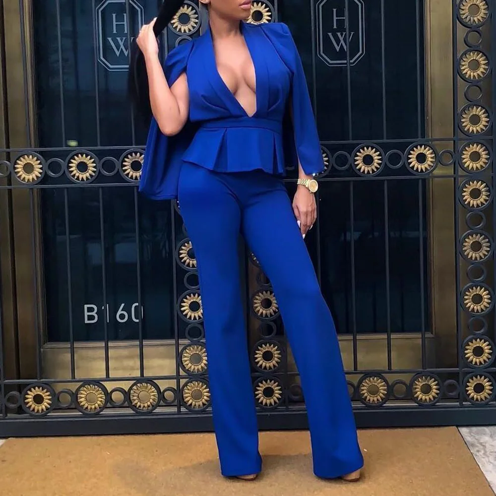 

Two Piece Sets Sexy Office Suits Solid Royal Blue Deep V Neck Blouse Long Pants Set Spring 2019 African Fashion Party Women Sets