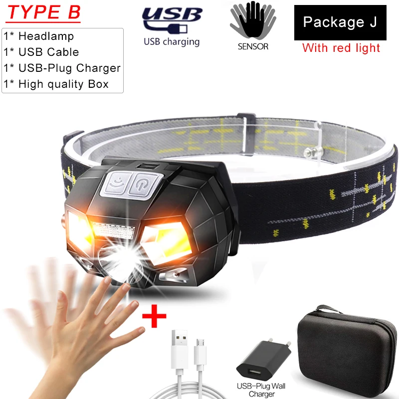 Супер яркий сенсорный налобный фонарь мощный светодиодный налобный светильник USB Перезаряжаемый головной светильник датчик движения головная лампа с usb-кабелем - Испускаемый цвет: Package J