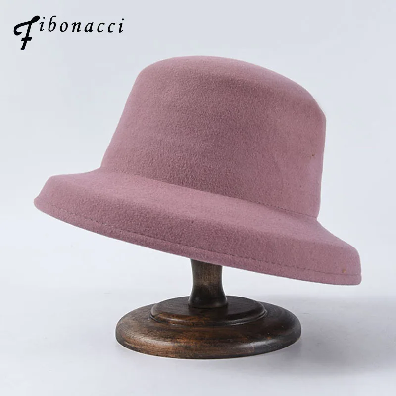 

Fibonacci 2019 New Fashion Bell Shape Women's Hat Solid Color Fedoras Wool Felt Personality Popular Basin Cap Female Bucket Hats