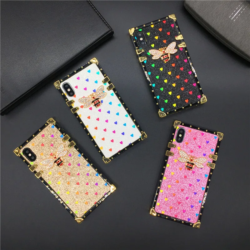 Luxury Brand Bling Love Heart Bee Phone Case for iphone 11 pro max Square Cover for iphone 6 6s 7 8 plus X XS MAX XR XS FUNDA