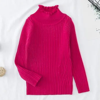 Rose Red Toddler Girl Fitted Rib Knit Ruffled Collar Sweater Children Kids Girl Ribbed Sweater Winter Girls Tops - Color: Rose Red