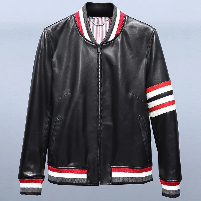 High Street Men Genuine Leather Jacket Mixed Colors Striped Outdoor Casual  Coat Streetwear Luxury Slim Sheepskin Coat Outerwear - Genuine Leather -  AliExpress