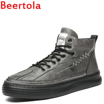 

White Stitching leather Men's Flats Shoes High Top Zapatillas Hombre Round Toe Classic Tenis Masculino Casual Style Shoes Men