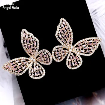 

Creative Design Pink Cubic Zirconia Butterfly Stud Earrings Elegant Korean Style Sweety Earrings for Women