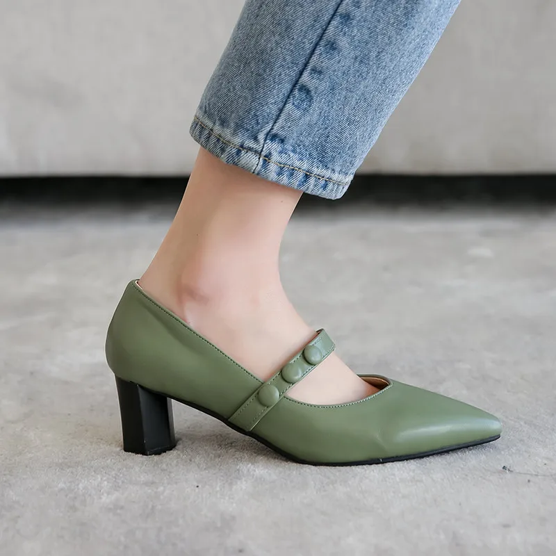 

YQBTDL New Reach Career Office Dress Mary Jane Womens Shoes Heels Slip on Block High Heel Pumps Green Black Ladies Shoe 34-43