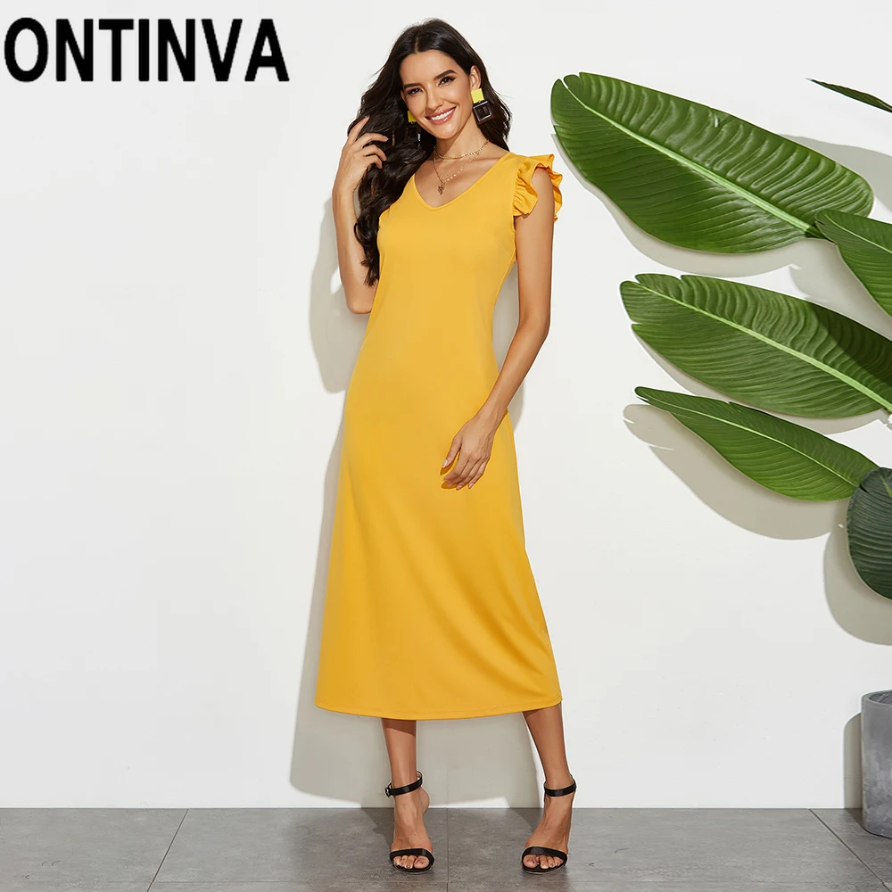 

Lady Pure Yellow Summer Long Dresses Women Midi Length Sleeveless Sun Dress with Ruffles Casual Everyday Work Wear Office Tunic