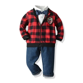 

Top and Top Fashion British Style Plaid Coat Set for Boys Cartoon Casual Kids boy Clothes Bowtie Outfits 3 pcs Clothing sets
