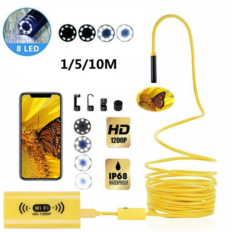 8mm Wifi HD 1200P Endoscope Camera USB IP68 Waterproof Borescope Semi Rigid Tube Wireless Video Inspection for Android/iOS