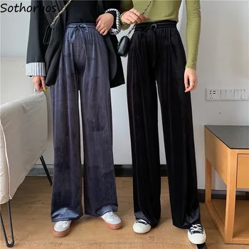 

Pants Women Loose Long Trousers Solid Korean Style High Waist Simple Velour Leisure Straight Womens All-match Soft Students Chic